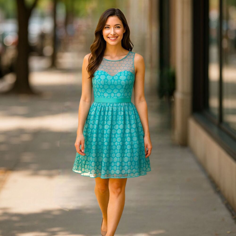 Anthropologie Moulinette Soeurs Dress 14 Mesh Overlay Ocean Blue Fit Flare Lined